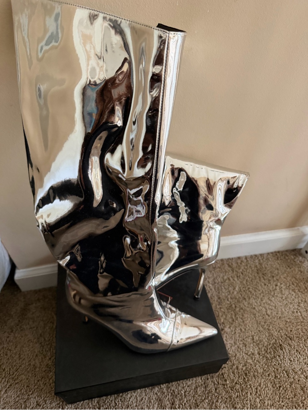 Metallic Silver Pointed-Toe Stiletto Knee-High Boots